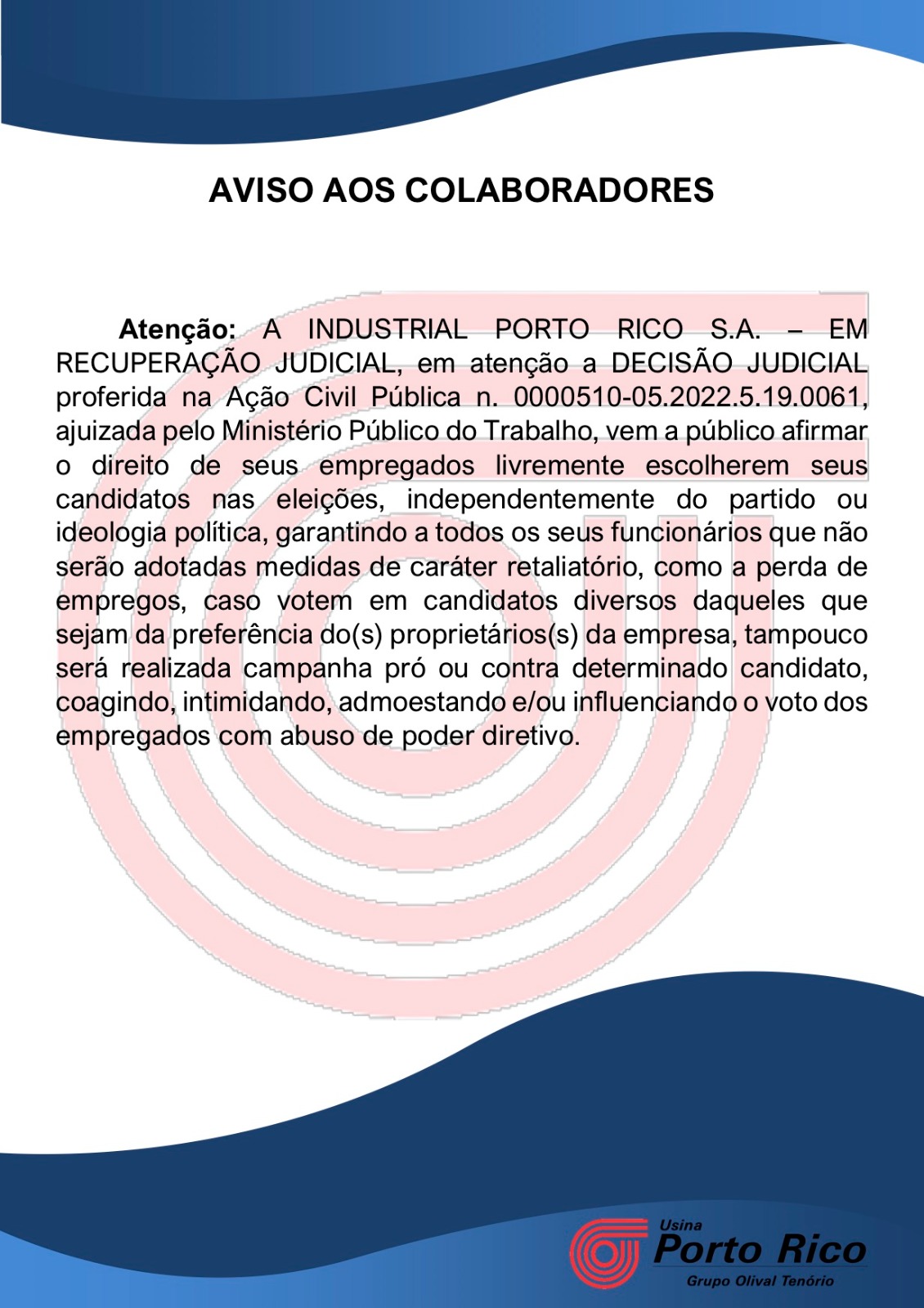 Nota sobre as Eleições de 2022 da Usina Porto Rico